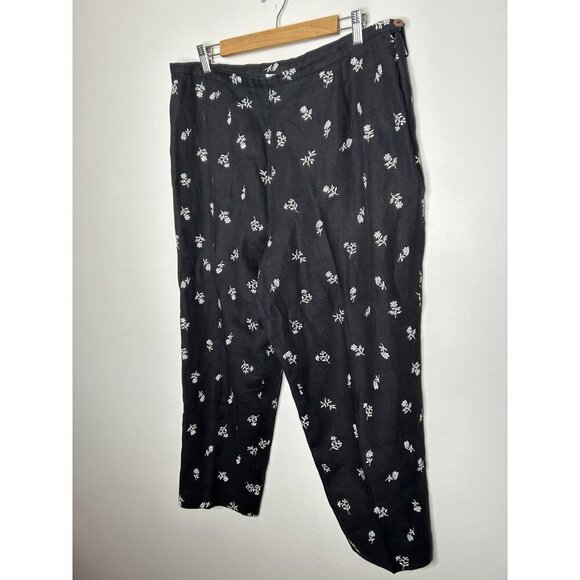 Talbots 100% Irish Linen Black Floral Embroidered Lagenlook Capri Pants Size 18 - Picture 2 of 10